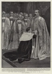 Der Lord Great Chamberlain, der dem König das Schwert umgürtet